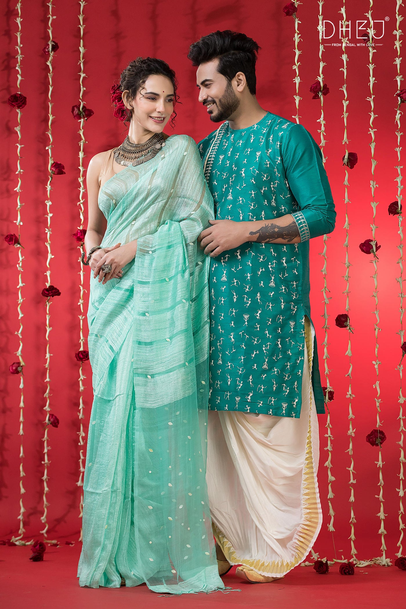 Designer Silk Saree & Kurta Couple Set