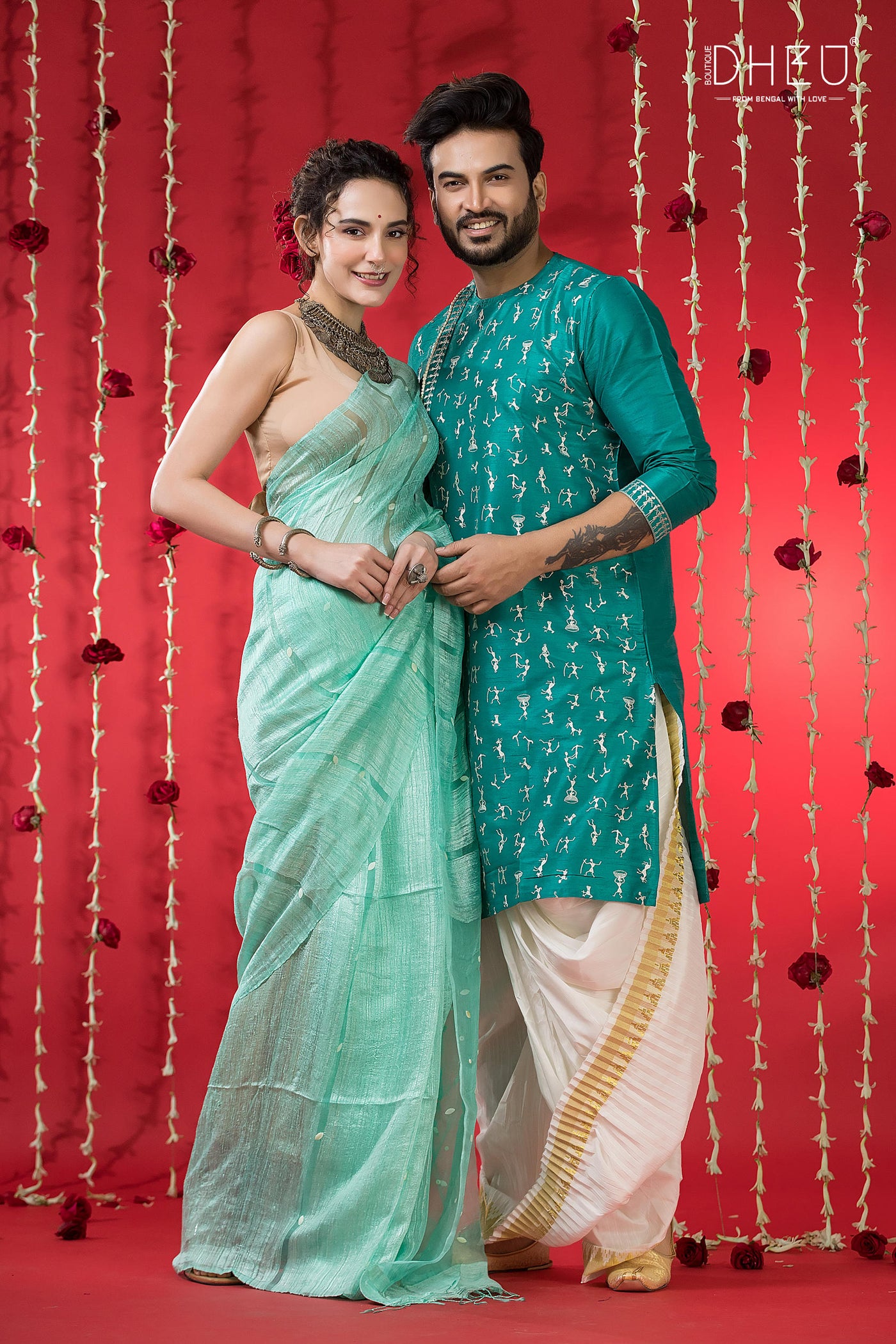 Designer Silk Saree & Kurta Couple Set