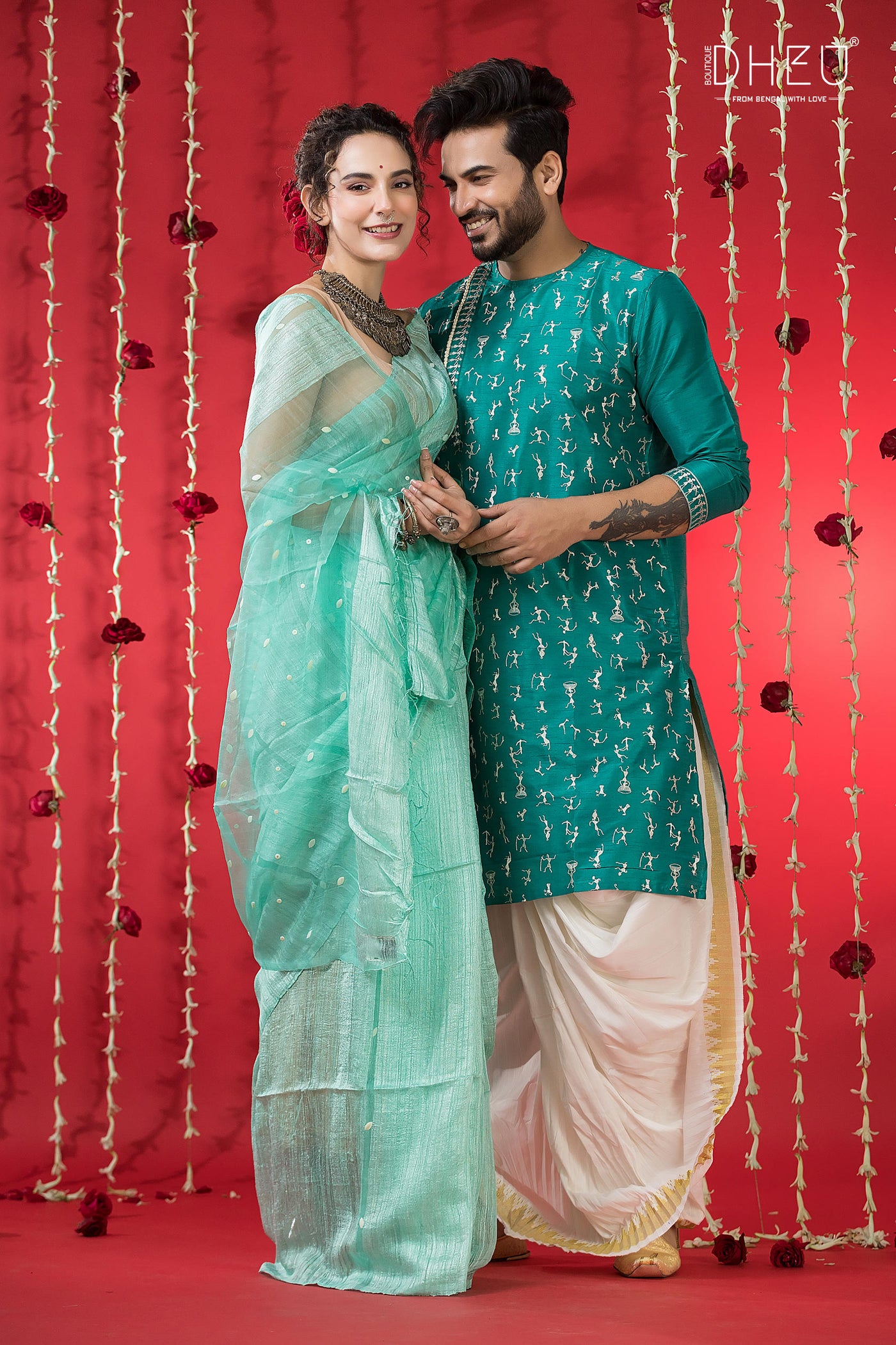 Designer Silk Saree & Kurta Couple Set