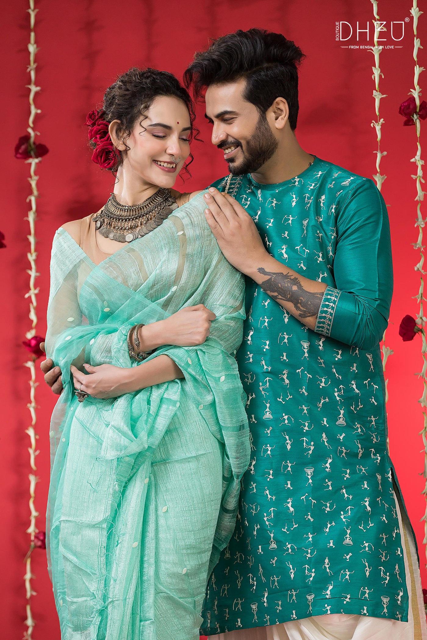 Designer Silk Saree & Kurta Couple Set