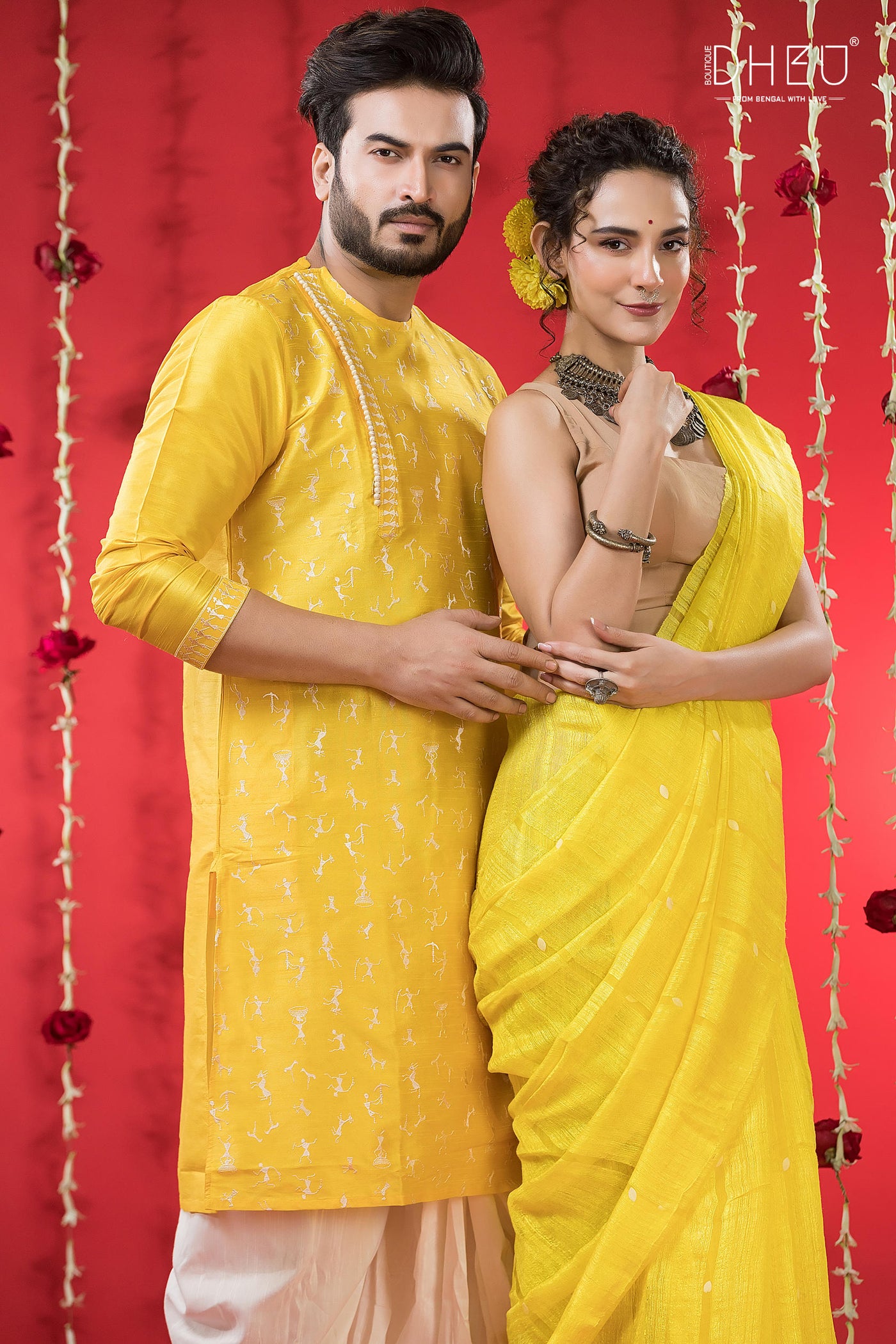 Designer Silk Saree & Kurta Couple Set