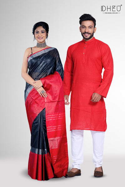 Handloom Linen Saree & Kurta Couple Set