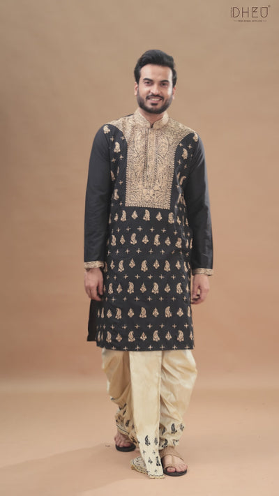 Embroidered Katan Silk Kurta & Dhoti Set