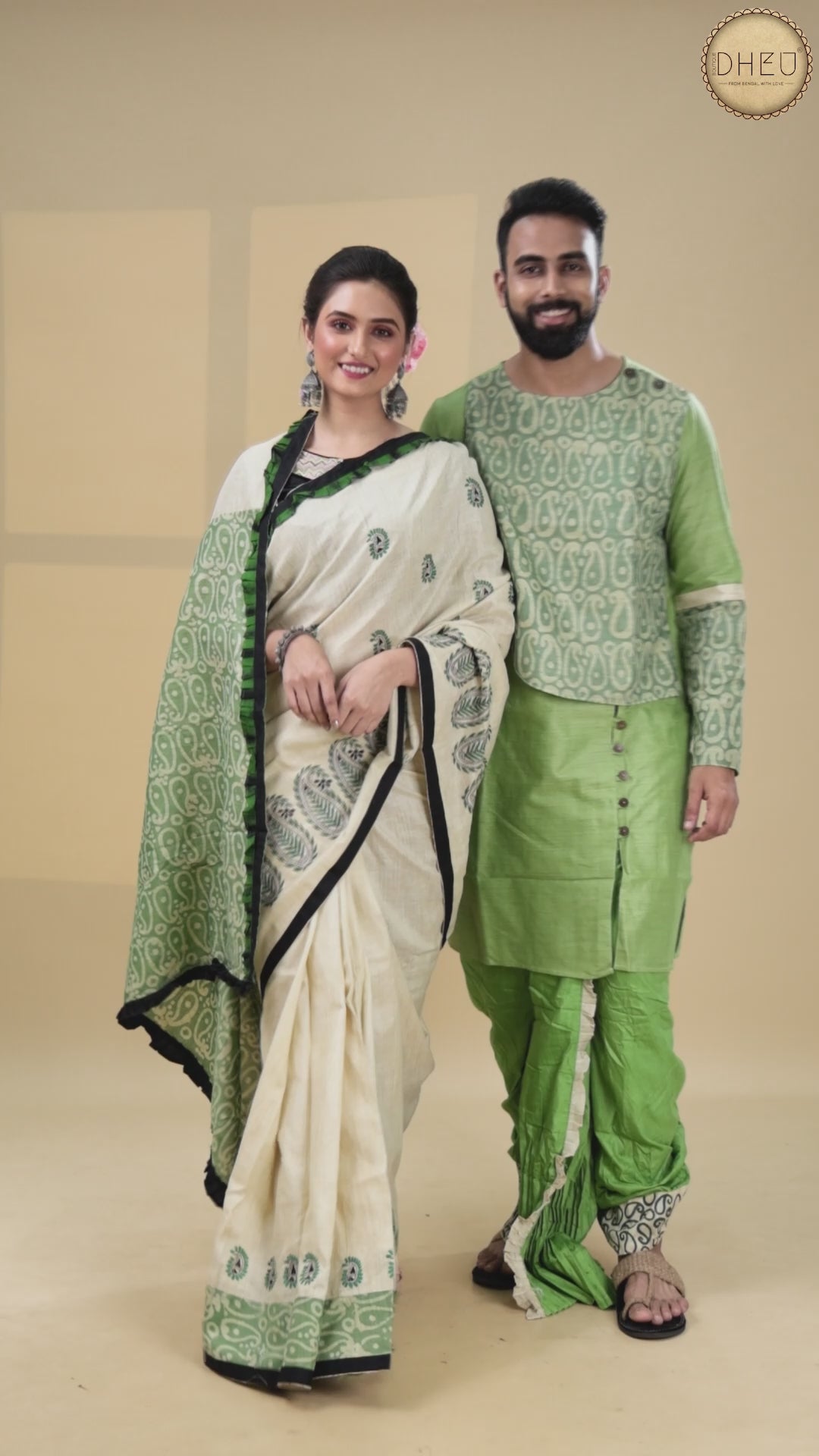 Sobuj Dip- Saree, Kurta & Dhoti(Optional) Couple Set