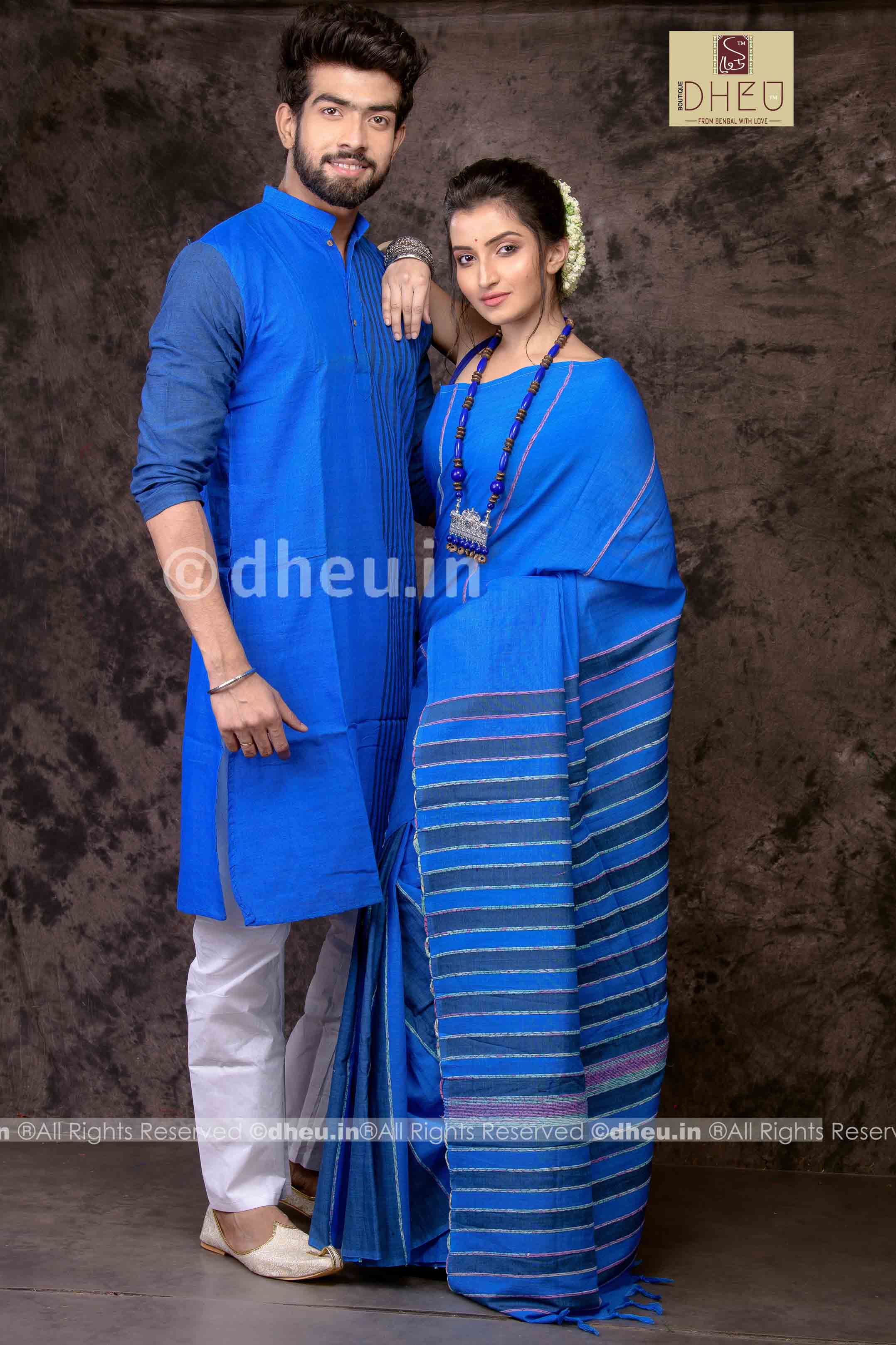 Blue Lagoon - Handloom Pure Cotton Saree-Kurta Couple Set | Dheu