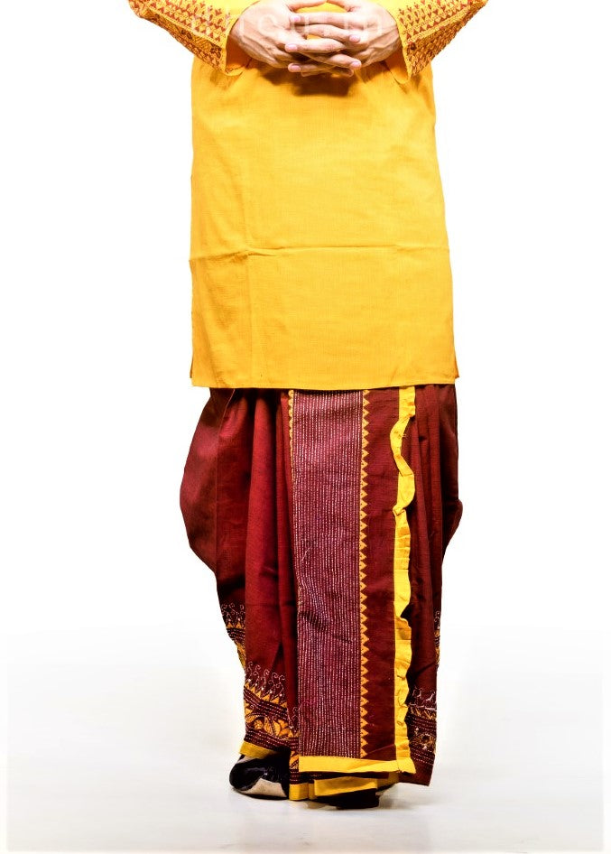 Dheu | Designer Maroon Kantha Dhoti- Ready to wear - Boutique Dheu