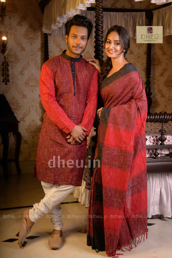 HANDLOOM Red-Mustard Yellow COLOR SAREE-KURTA COUPLE SET – Kuala Collection