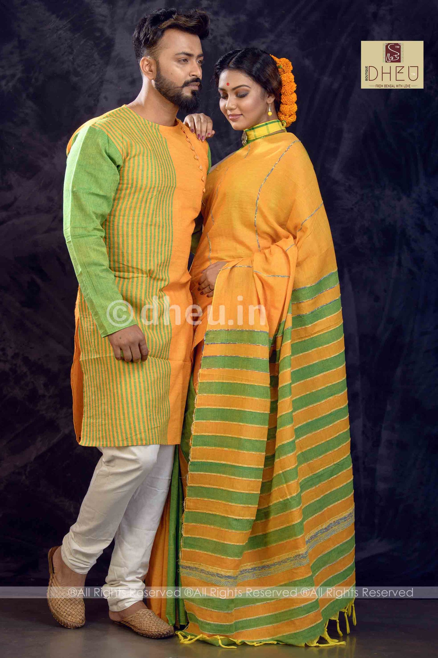 Yeppy Yellow- Handloom Pure Cotton Saree-Kurta Couple Set - Boutique Dheu